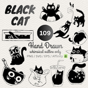 Pode incluir: Uma coleção de ilustrações digitais em preto e branco com gatos pretos em vários cenários, incluindo dentro de uma caixa de correio, uma tigela, um copo e uma caixa. O texto diz BLACK CAT, 109, Hand Drawn, whimsical outline only, PNG / SVG / EPS / Affinity.