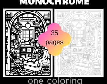 Cozy Reading Nook Coloring Book Printable PDF, Book Lover Coloring Pages, Monochrome Adult Coloring Book, Cozy Library Room, Dark Academia