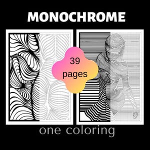 May include: A digital colouring book titled MONOCHROME containing 39 pages. The cover displays two rectangular panels featuring black and white line art, one with abstract flowing curves and the other with a stylised human figure in horizontal lines.