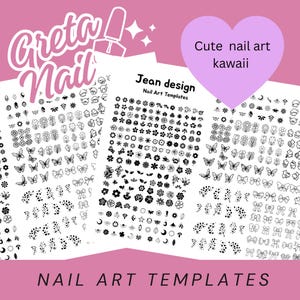 May include: Pink background with nail art templates featuring various designs, including flowers, butterflies, and bows. The text "Greta Nail" and "Nail Art Templates" are visible. A purple heart shape with the text "Cute nail art kawaii" is also present.
