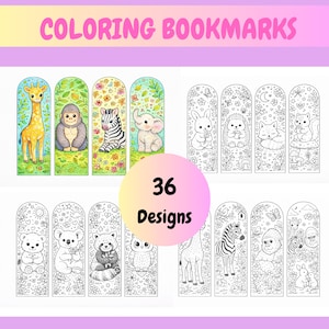 May include: A set of 36 colouring bookmarks with animal illustrations, such as a giraffe, gorilla, zebra, and elephant. The bookmarks are arched and vertical, with detailed drawings and the text "COLORING BOOKMARKS".