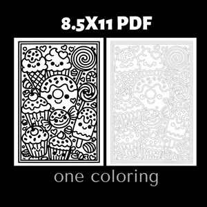 Cute cupcake and candy monochrome coloring page featuring kawaii dessert characters and sweet treats. Adult coloring book printable page designed for relaxation and mindfulness coloring. Detailed black and white cute dessert coloring illustration perfect for kawaii coloring fans and printable coloring book collections.