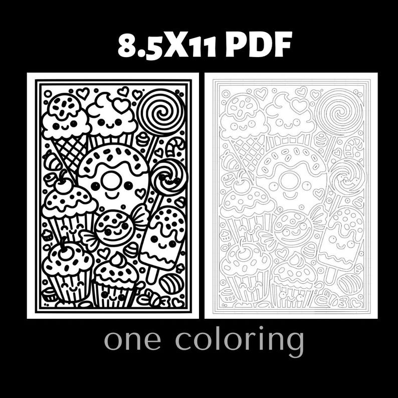 Cute cupcake and candy monochrome coloring page featuring kawaii dessert characters and sweet treats. Adult coloring book printable page designed for relaxation and mindfulness coloring. Detailed black and white cute dessert coloring illustration perfect for kawaii coloring fans and printable coloring book collections.
