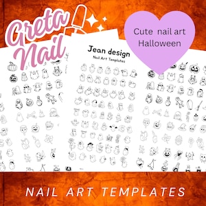 Può includere: Modelli di nail art a tema Halloween con illustrazioni spettrali. I modelli includono vari disegni spaventosi come fantasmi, zucche e pipistrelli. Il testo "Greta Nail", "Jean design" e "Cute nail art Halloween" è visibile.