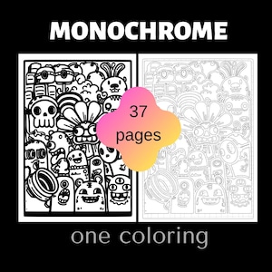 Monster Doodle Coloring Pages Bundle, 37 Monochrome Illustrations (PDF Download)