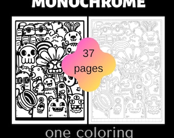 Monster Doodle Coloring Pages Bundle, 37 Monochrome Illustrations (PDF Download)