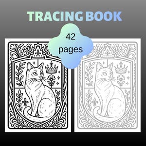 Puede incluir: Un libro de calco de 42 páginas con una ilustración de líneas en blanco y negro de un gato sentado dentro de un marco decorativo en forma de escudo. El diseño incluye una corona, elementos florales y volutas. Texto TRACING BOOK 42 pages visible.