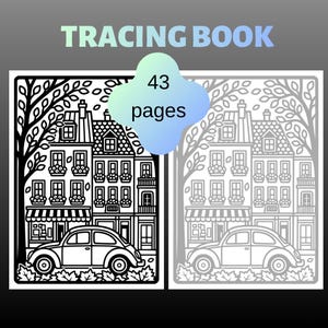 Pode incluir: Um livro de traçado com 43 páginas apresentando uma ilustração de linhas em preto e branco de um carro clássico estacionado em frente a edifícios de vários andares com floreiras e árvores. O texto TRACING BOOK e 43 pages está impresso.