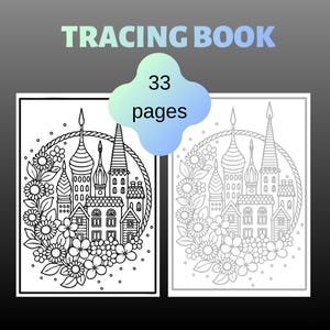 Könnte beinhalten: Ein schwarz-weißes Pausbuch mit 33 Seiten voller Strichzeichnungen. Das Cover zeigt ein kreisförmiges Design mit einem Schloss, umgeben von Blumen und Blättern, sowie den deutlich sichtbaren Text TRACING BOOK und 33 pages.