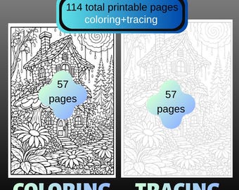 114 Pages Cottagecore Tracing Book & Coloring Book Printable PDF | Fairy Cottage Coloring Pages | Cozy Fantasy House | Drawing Practice
