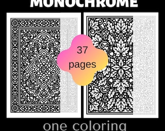 May include: A digital coloring book titled MONOCHROME with 37 pages. The cover displays two rectangular panels featuring intricate black and white patterns, one with floral motifs and the other with oak leaves and acorns.