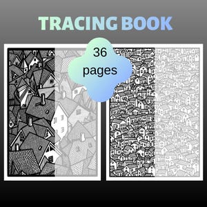 May include: A tracing book with 36 pages featuring two rectangular panels displaying black and white line art illustrations of dense clusters of houses with various roof shapes, chimneys, and windows, set against a dark gray background.