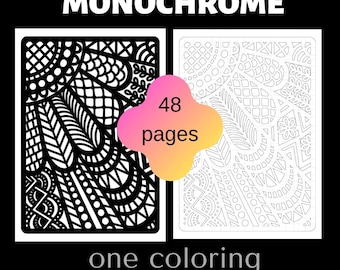 Monochrome Abstract Coloring Book, 48 Pages, One Color Art (Digital Download)