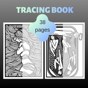 Puede incluir: Un libro de calco de 38 páginas con ilustraciones de arte lineal en blanco y negro. La portada muestra dos paneles rectangulares: uno con una figura de cabello largo y fluido, y el otro con varias sirenas dentro de una lata.