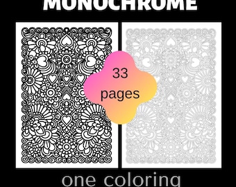 Monochrome Coloring Book, 33 Adult Pattern Pages (PDF Download)