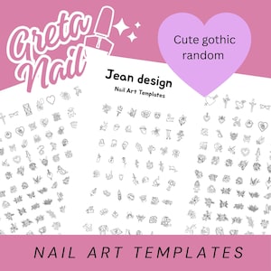 Könnte beinhalten: Rosa-weißes Greta Nail-Logo mit Nagellackflaschen-Illustration. Zwei Bögen Nailart-Vorlagen mit verschiedenen schwarz-weißen Designs. Enthält den Text "Jean design" und "Nail Art Templates". Ein lila Herz mit den Worten "Cute gothic random".