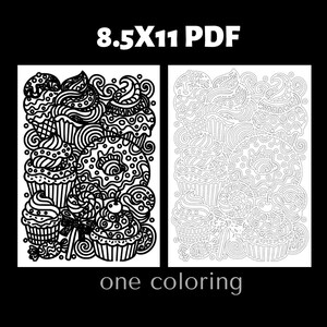 Donut and cupcake dessert monochrome coloring page featuring sweet treats and decorative candy illustrations. Adult coloring book printable page designed for creative relaxation and stress relief coloring. Detailed black and white dessert coloring illustration perfect for food coloring enthusiasts.