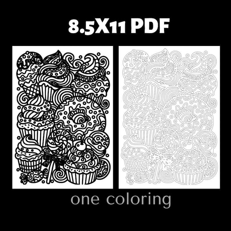 Donut and cupcake dessert monochrome coloring page featuring sweet treats and decorative candy illustrations. Adult coloring book printable page designed for creative relaxation and stress relief coloring. Detailed black and white dessert coloring illustration perfect for food coloring enthusiasts.
