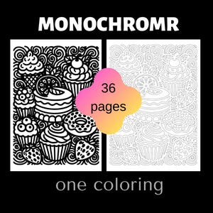 Dessert themed monochrome coloring book featuring 36 cute sweet treat coloring pages. Printable adult coloring book with cupcakes, donuts, cakes, strawberries, and kawaii dessert illustrations. Black and white coloring pages designed for stress relief, relaxation, and creative fun. High resolution printable PDF coloring book perfect for food lovers, baking fans, and coloring enthusiasts. Instant download coloring pages ideal for markers, colored pencils, and gel pens.