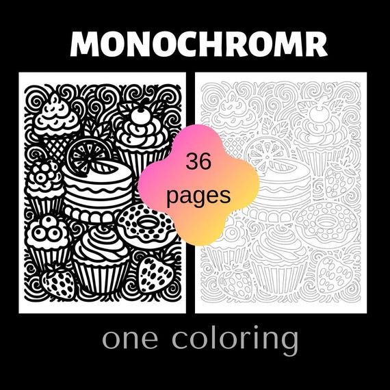 monochrome Dessert Coloring Book, 36 Kawaii Sweet Treats, Bakery Pages (PDF Download)