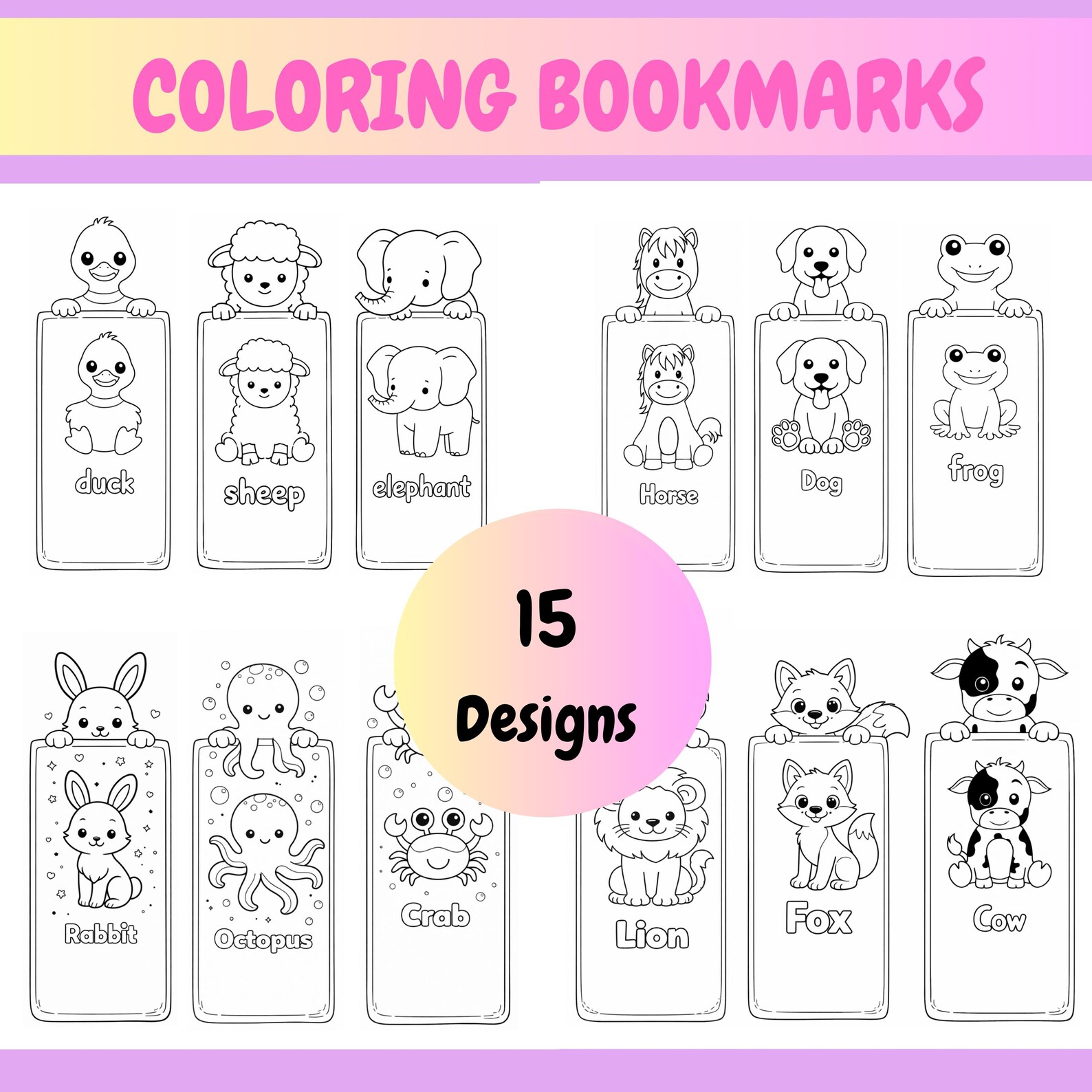 Coloring Bookmarks for Kids Printable | 15 Cute Animal Designs | 8.5x11 ...