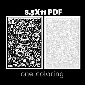 Cake and donut dessert monochrome coloring page featuring birthday cake, cupcakes, candy, and sweet treats. Adult coloring book printable page designed for stress relief and mindfulness coloring. Detailed black and white dessert coloring illustration perfect for bakery lovers and food themed coloring collections. High detail printable coloring page for coloring hobby enthusiasts.