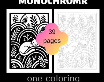 Monochrome Cat Coloring Book, 39 Pages, Modern Folk Art, Minimalist Sheets (Digital Download)