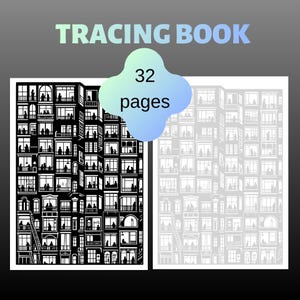 Pode incluir: Um livro de calcar com uma ilustração a preto e branco de uma fachada de edifício. O texto "TRACING BOOK" está no topo, e uma forma azul e verde indica "32 páginas". O livro apresenta desenhos detalhados de janelas e varandas.