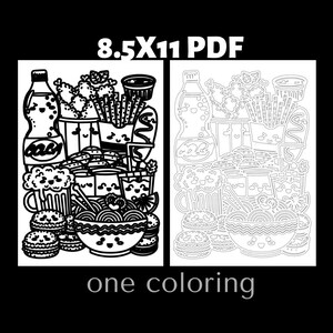 Cute snack themed monochrome coloring page featuring kawaii fast food, popcorn, drinks, noodles, and sweet snacks. Adult coloring book printable page designed for relaxation and fun coloring activities. Detailed black and white cute food coloring illustration perfect for kawaii coloring fans and printable coloring book collections.