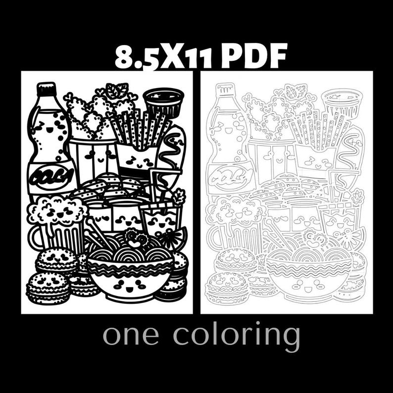 Cute snack themed monochrome coloring page featuring kawaii fast food, popcorn, drinks, noodles, and sweet snacks. Adult coloring book printable page designed for relaxation and fun coloring activities. Detailed black and white cute food coloring illustration perfect for kawaii coloring fans and printable coloring book collections.
