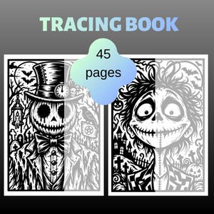 May include: A 45-page tracing book featuring black and white illustrations of a pumpkin-headed character in a top hat and a stitched-face character. The text TRACING BOOK and 45 pages are printed on the cover with a dark grey background.