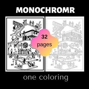 Op de afbeelding: Zwart-wit kleurboek met de tekst "MONOCHROMR" bovenaan. Het boek bevat een gedetailleerde illustratie van een gebouw met mensen, trappen en het woord "GUZZO". Het boek heeft 32 pagina's en de tekst "one coloring".