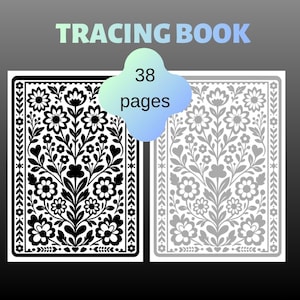 Puede incluir: Un libro de calco de 38 páginas con un diseño de portada rectangular. El diseño muestra un patrón floral simétrico con contornos en blanco y negro de flores, hojas y tallos dispuestos en una composición vertical dentro de un borde decorativo.