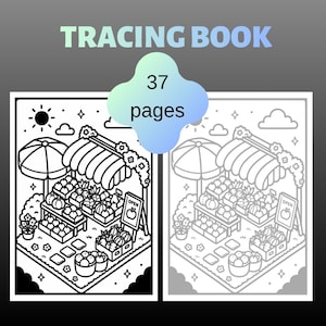 May include: A black and white tracing book with 37 pages. The cover features an illustration of a fruit stand with an open sign. The text "TRACING BOOK" is at the top.
