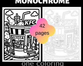 42 Monochrome One Coloring Pages Printable PDF, Adult Coloring Book, Cute Mini Buildings, Coffee Shop, Bakery, Restaurant, Instant Download