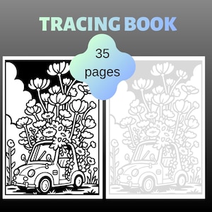 Puede incluir: Un libro para colorear con el texto "TRACING BOOK" en verde claro y una burbuja azul y verde con el texto "35 páginas". El libro presenta una ilustración en blanco y negro de un coche lleno de flores.
