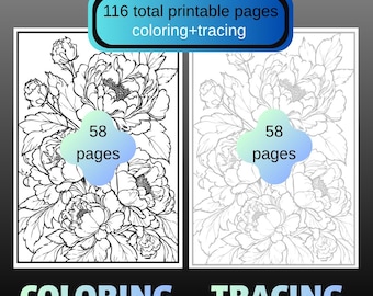 Botanical Flower Coloring Book and Tracing Book Bundle | 116 Printable Pages | Floral Coloring Pages PDF | Adult Coloring Book | Floral Trac