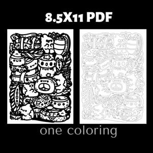 Macaron and pastry monochrome coloring page featuring sweet bakery treats and decorative dessert patterns. Adult coloring book printable coloring page designed for stress relief and relaxation coloring. Detailed black and white dessert coloring illustration perfect for pastry lovers and bakery themed coloring collections.