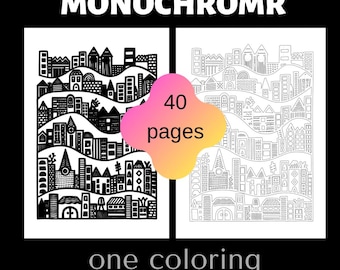 City Coloring Book | 40 Modern Village Line Art Pages (PDF Download)