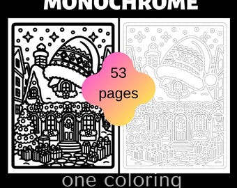 Christmas Monochrome Coloring Book Printable PDF, 53 Trace and Color Pages, Adult Coloring Book, Winter Coloring Pages, Printable Christmas