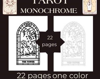 Rabbit Tarot Monochrome Coloring Book, 22 Major Arcana Printable PDF, Adult Coloring Pages, One Color Coloring, Tarot Art Instant Download