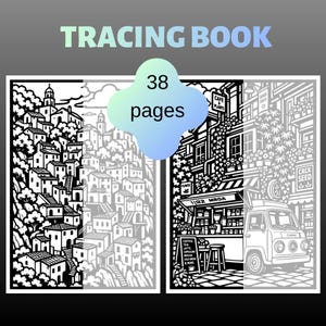 Puede incluir: Un libro de calco de 38 páginas con ilustraciones de líneas en blanco y negro. El lado izquierdo muestra un pueblo en la ladera con casas y árboles, mientras que el derecho representa una escena callejera con un café, plantas y una furgoneta.