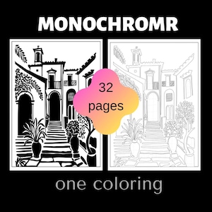 Könnte beinhalten: Ein Schwarz-Weiß-Malbuch mit zwei Illustrationen eines Gebäudes mit Treppen und Topfpflanzen. Der Text "MONOCHROMR" steht oben, mit "32 Seiten" in einer rosa und gelben Form und "one coloring" unten.