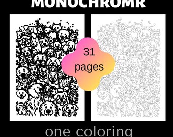 Monochrome Animal Coloring Book, 31 Pages Dog Cat Patterns (Digital Download)