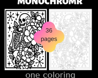 Gothic Skeleton Coloring Book, 36 Pages, Black Background, Spooky Halloween Art (Digital Download)