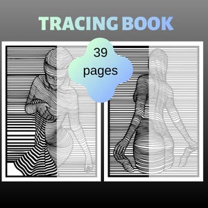 May include: A tracing book with 39 pages featuring black and white line art illustrations of human figures. The designs utilise horizontal lines to create a three-dimensional effect on the bodies, with one figure shown from the front and one from the back.