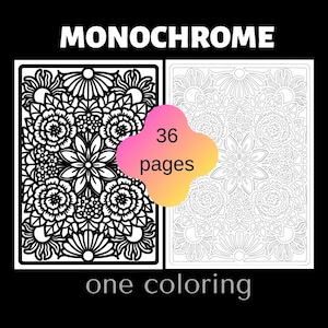 Könnte beinhalten: Ein digitales Malbuch mit dem Titel MONOCHROME mit 36 Seiten. Das Bild zeigt zwei rechteckige Felder mit komplizierten Blumenmustern, eines mit dicken schwarzen Linien auf weißem Grund und das andere mit feinen grauen Umrissen auf Weiß.