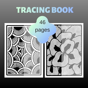 Può includere: Un libro da ricalco di 46 pagine con due distinti disegni rettangolari. Il disegno a sinistra mostra un motivo ripetitivo di forme a ventaglio semicircolari in bianco e nero. Il disegno a destra mostra linee ondulate irregolari.