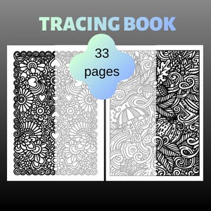 Può includere: Un libro da ricalco di 33 pagine con disegni a linee in bianco e nero. La pagina sinistra mostra intricati motivi floreali e a cuore, mentre la pagina destra presenta motivi stagionali tra cui un ombrello, foglie, ghiande e una zucca.