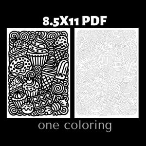Ice cream and dessert monochrome coloring page featuring cupcakes, popsicles, chocolate, and sweet snacks. Adult coloring book printable coloring page designed for relaxation and creative coloring. Detailed black and white dessert illustration perfect for food coloring collections and stress relief coloring activities.